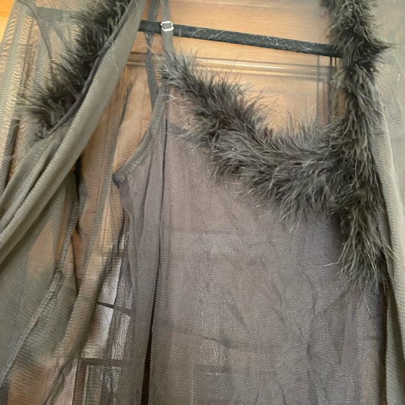 Robe, nighty and thong underwear set. Black with boa feather style trim accents. - Picture 2 of 10